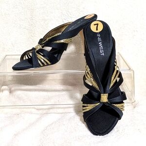 Nine‎ West Heeled Mule Sandal, Black & Tan Straps. Event, Summer, Sz 7